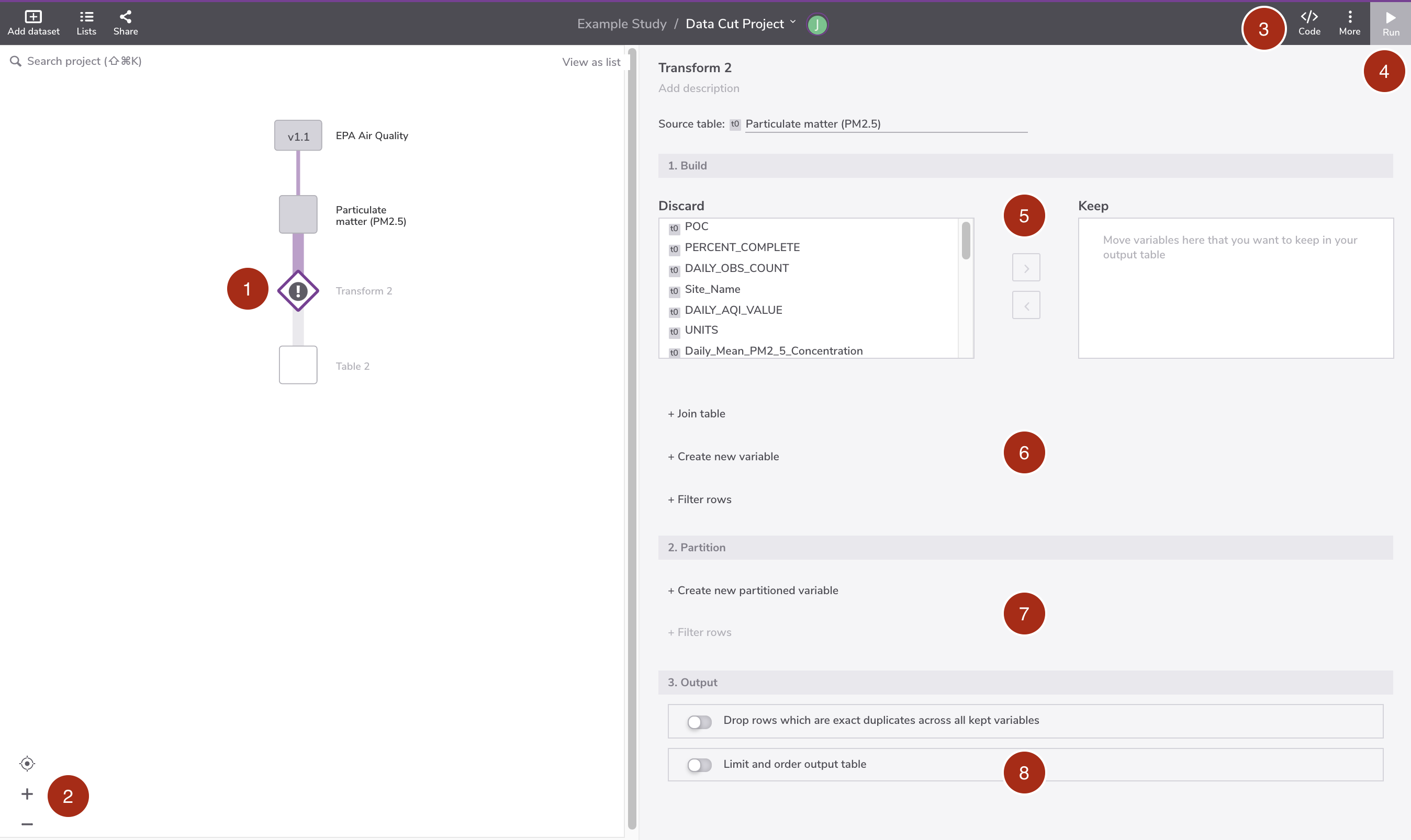 **Figure 5:** The user interface of the transform node editor in the Project page