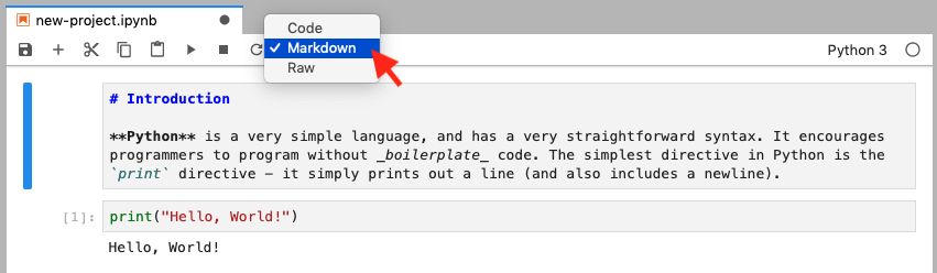 **Figure 6:** Switching between the "Code" mode and the "Markdown" mode on Jupyter notebook. Use the Markdown mode to write a documentation.