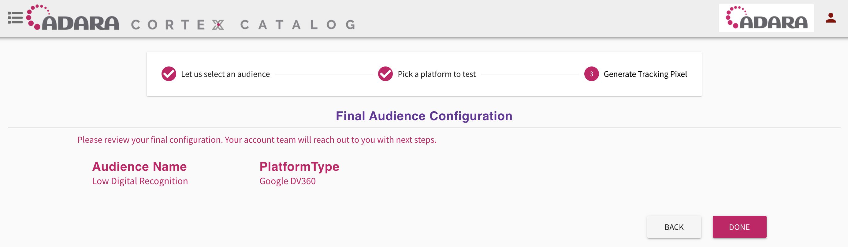 Cortex Catalog - Final Audience Configuration page