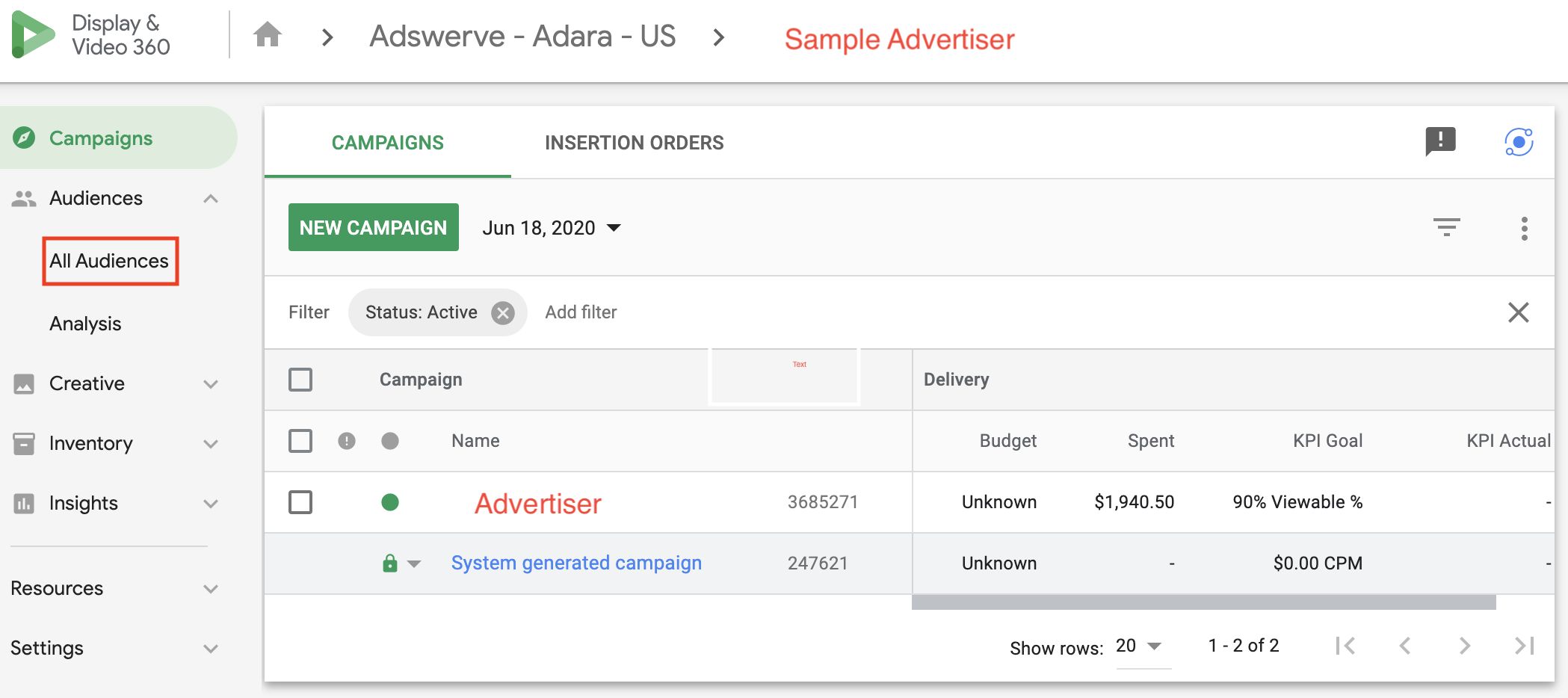 DV360 - Advertiser page