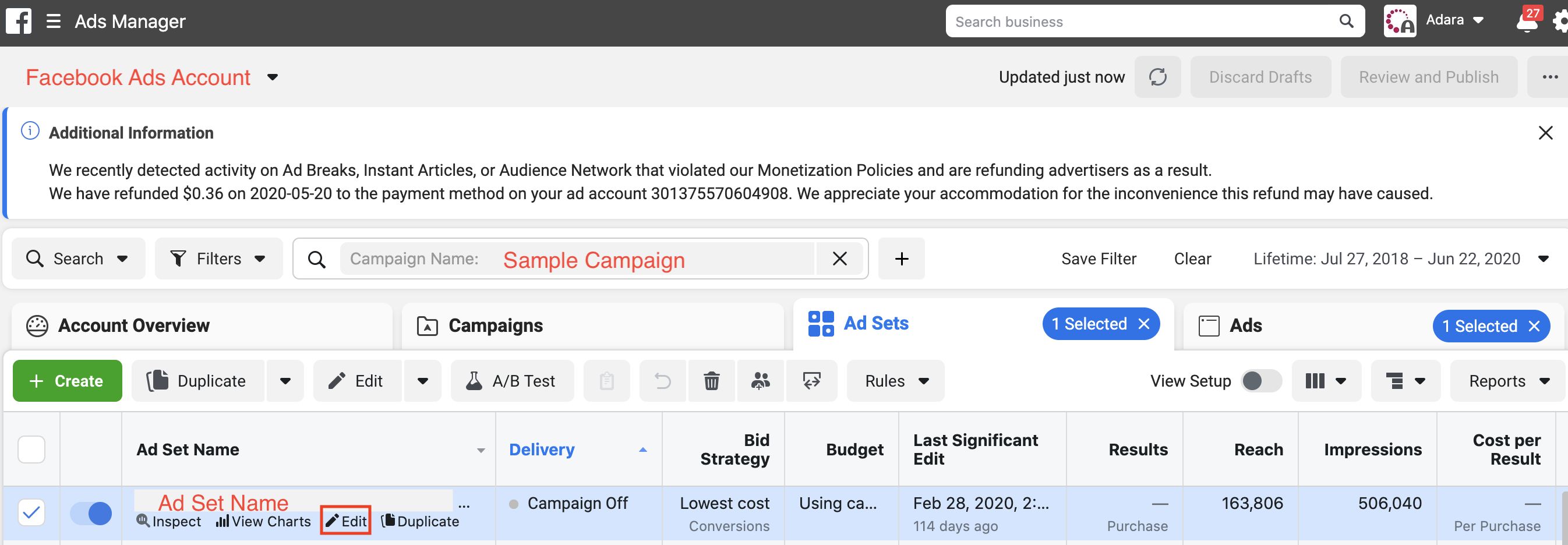 Facebook Business Manager - Ads Manager page