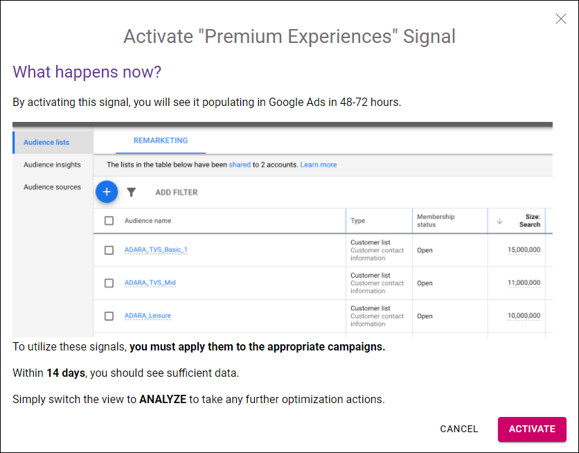 Cortex Search - Activate Signal verification screen