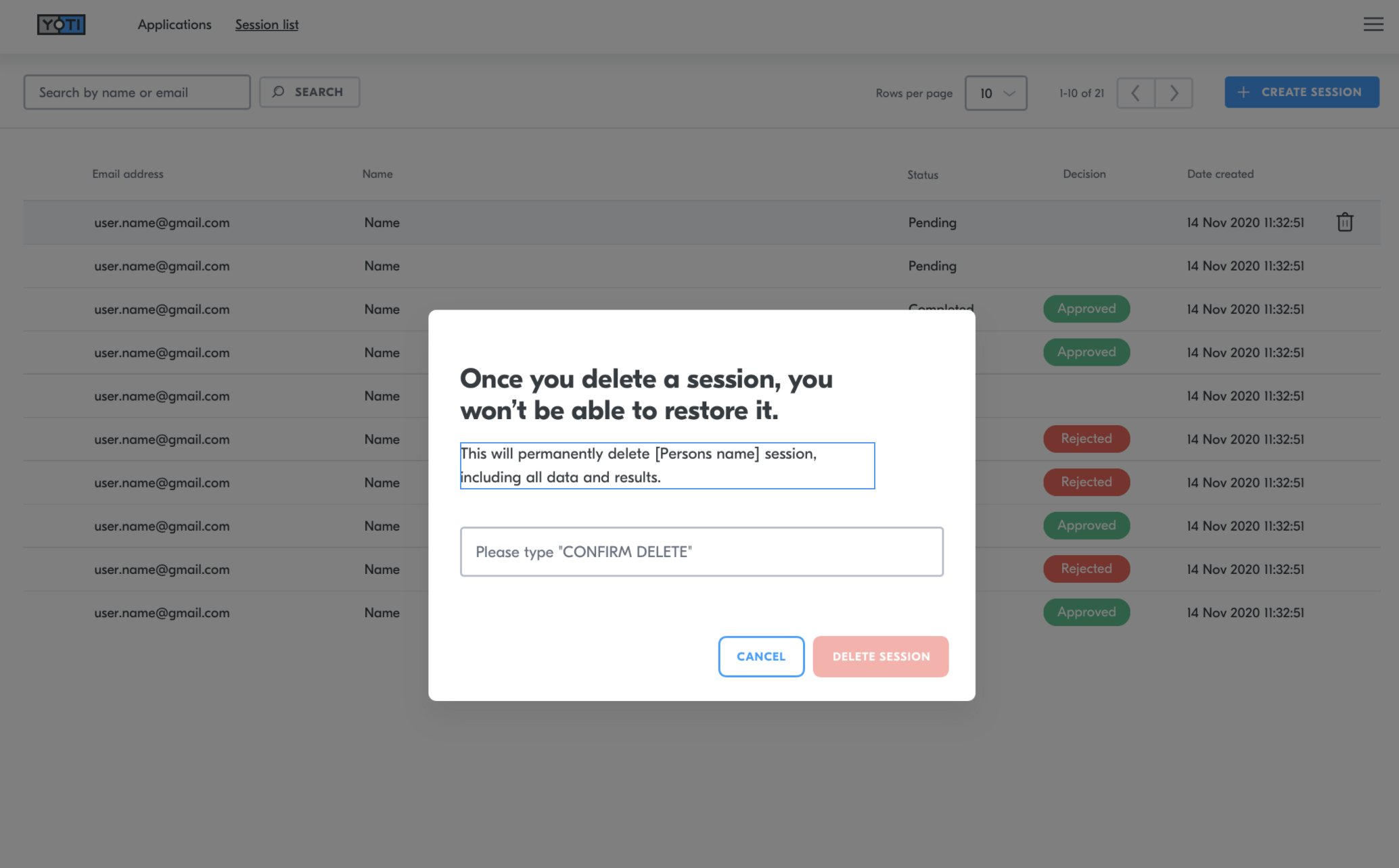 Session details &gt; Delete session