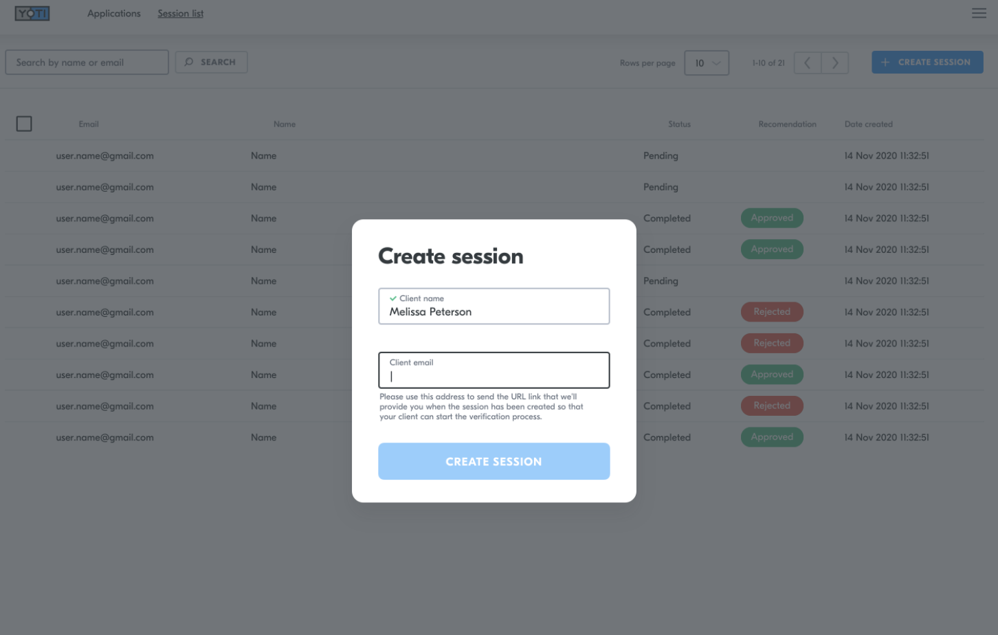 'Create a session &gt; Enter user details