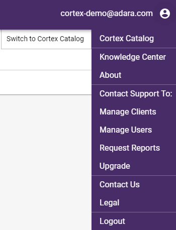 Cortex Search - upper right drop-down global menu