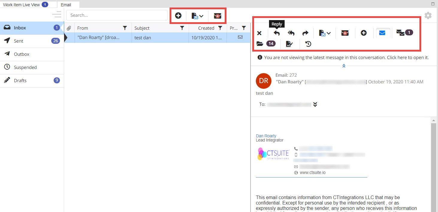 Email widget screen with compact buttons