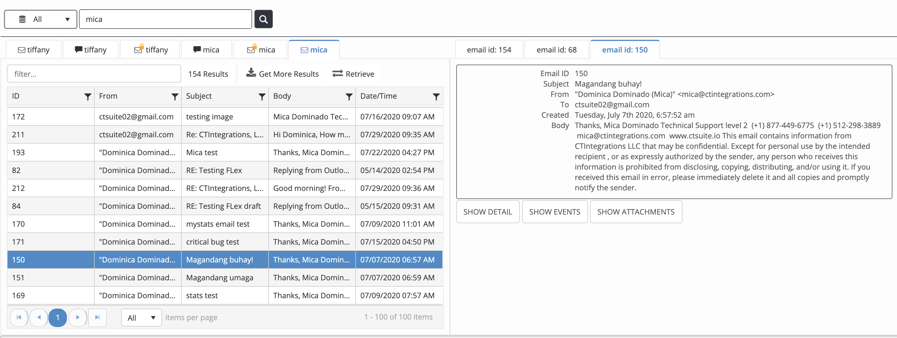 Viewing search result details for email