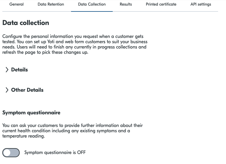 Settings > Data collection > Symptom questionnaire
