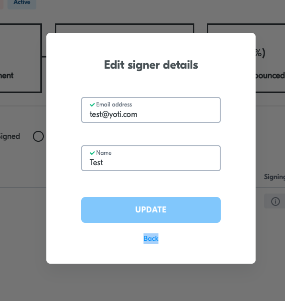 Active document &gt; Information&gt; Edit signer &gt; Update