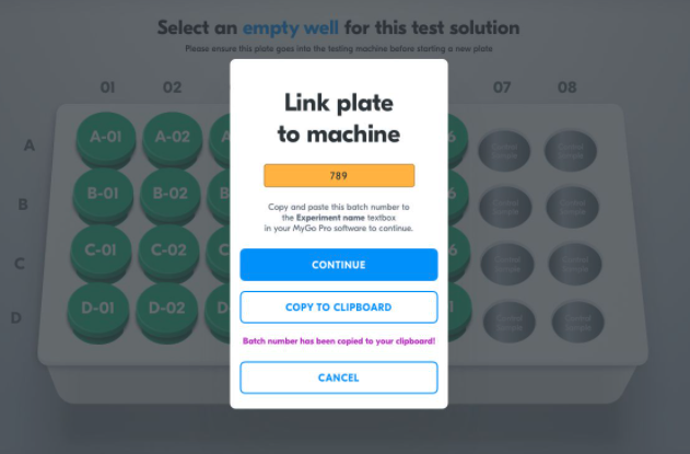 Home page > Start testing > Select machine > Select well > Scan QR > Confirm > Start test