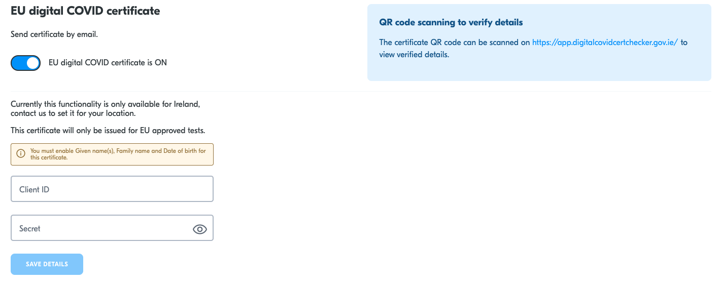 Enable digital covid certificate