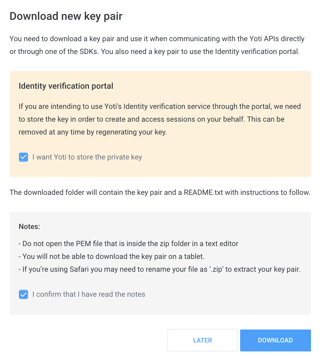 Creating an application > Keys > Tick box