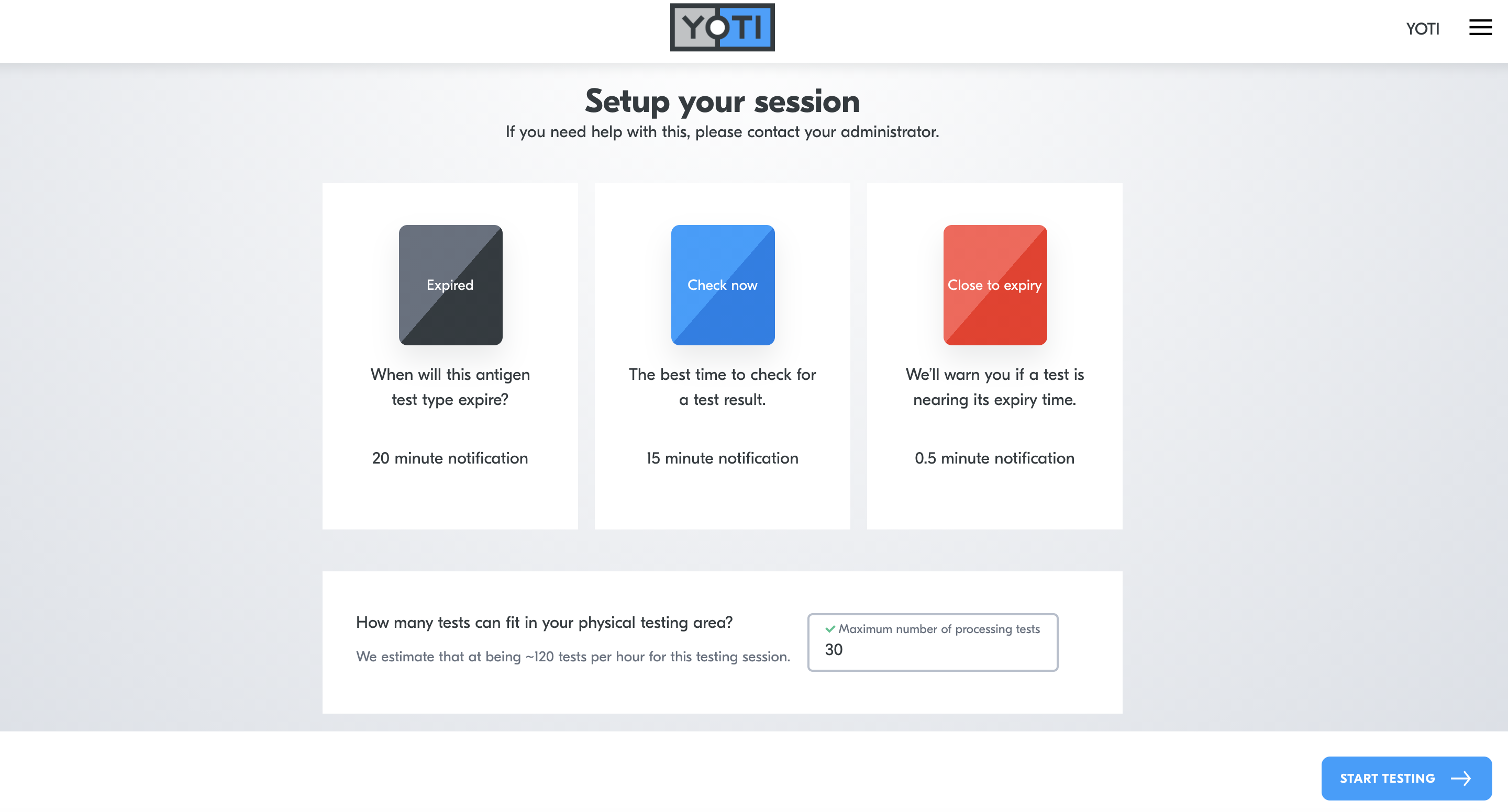 Home page > Start testing > Select lateral flow testing type > set up