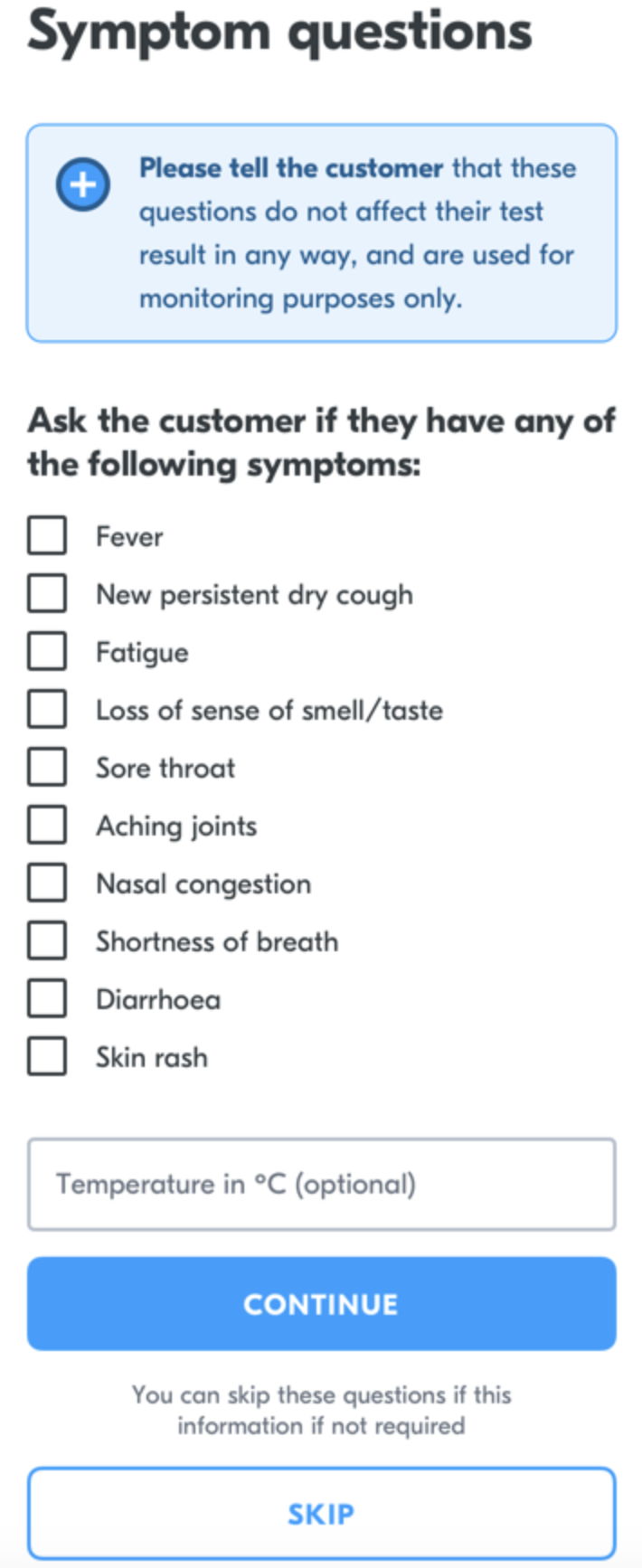 Start collecting &gt; Scan QR &gt; Options completed &gt; Symptom questionnaire
