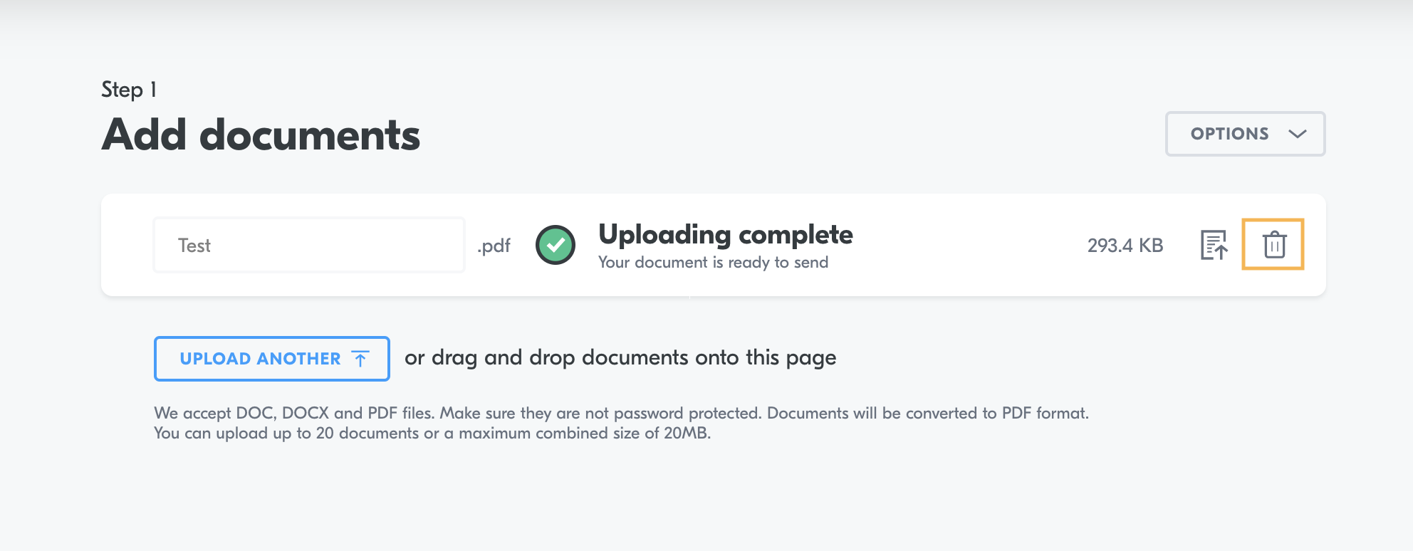 Send a document > Upload document > Delete