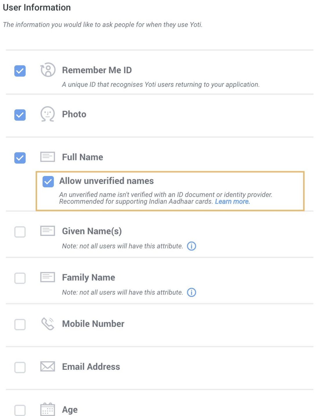 Unverified attributes