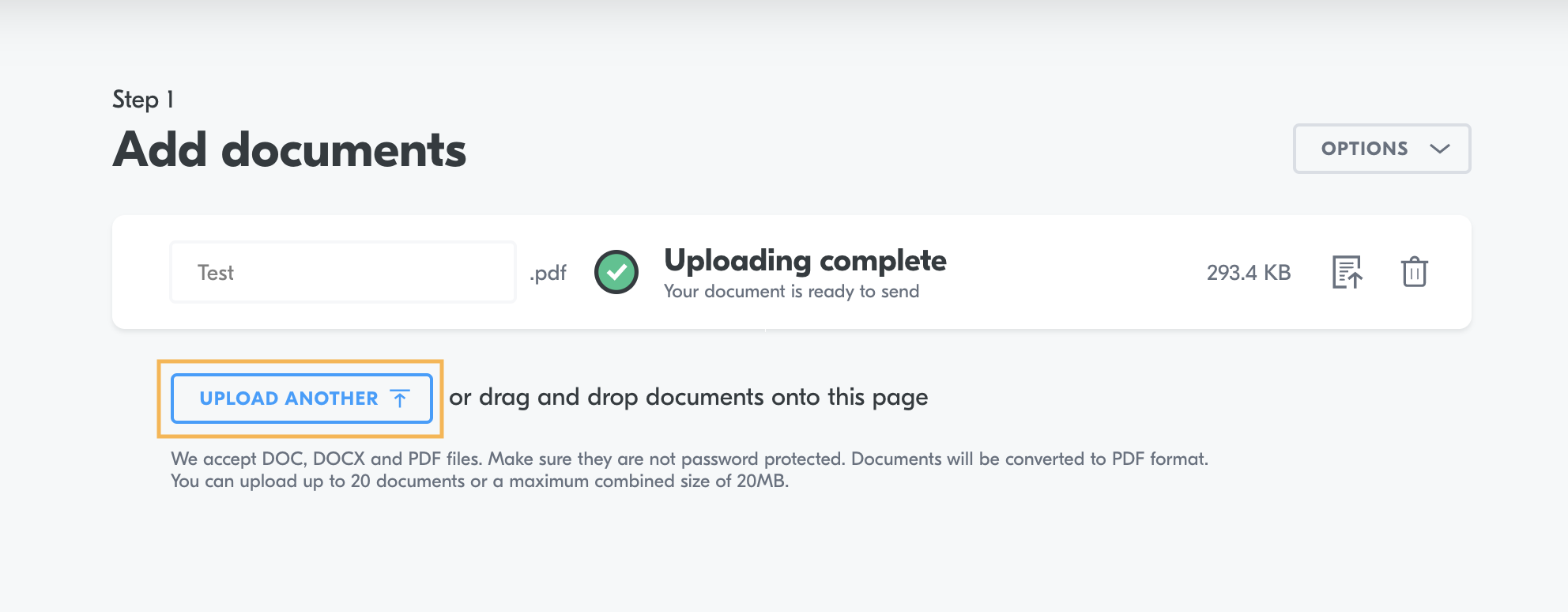 Send a document > Upload document > Upload another document