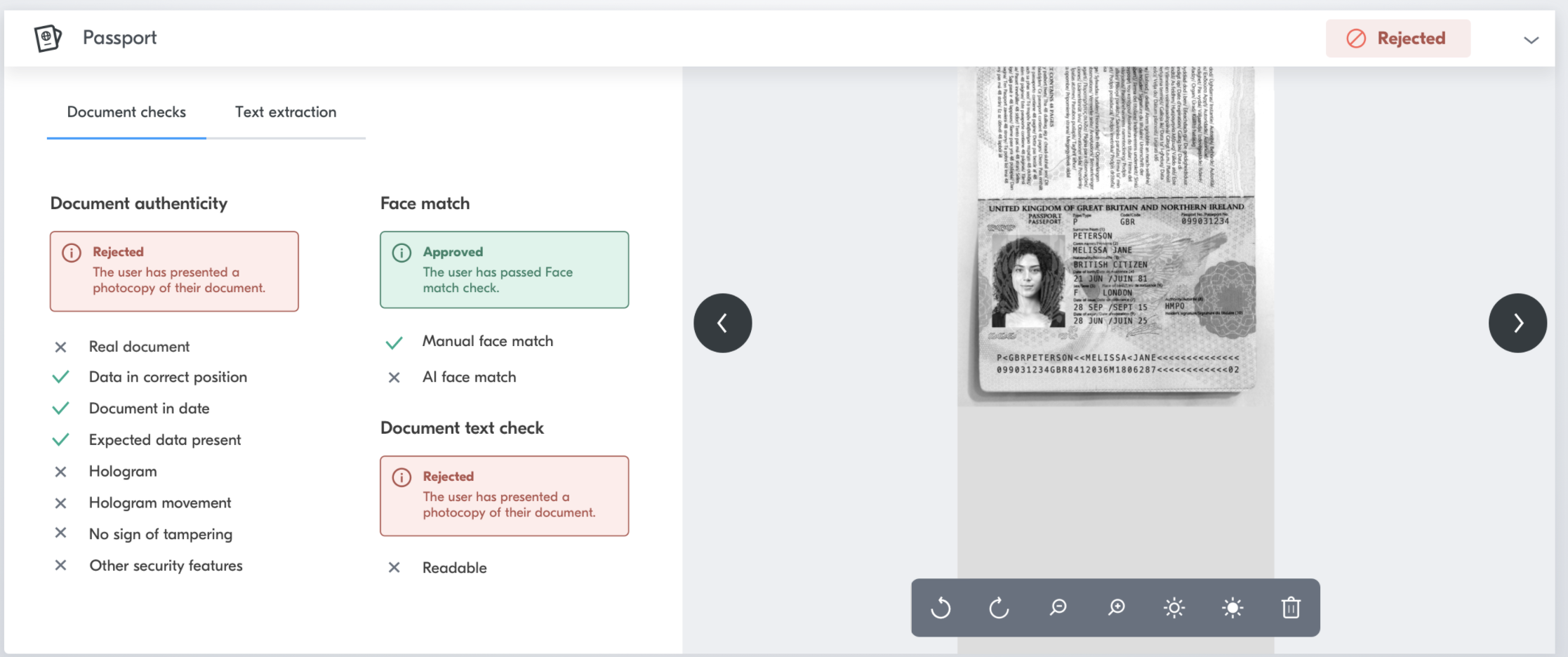 Document check result -> Rejected