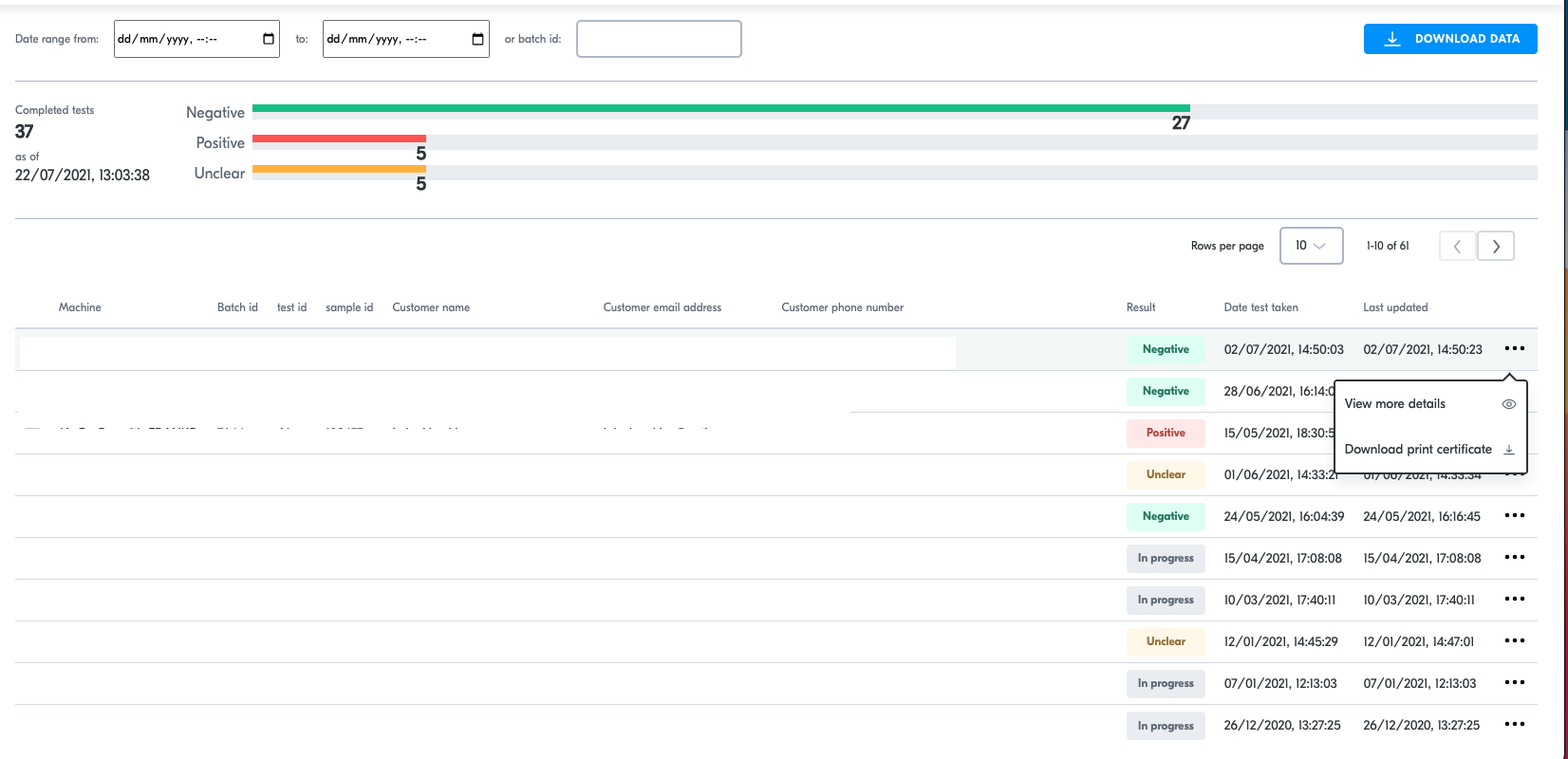 Reporting > Download print certificate