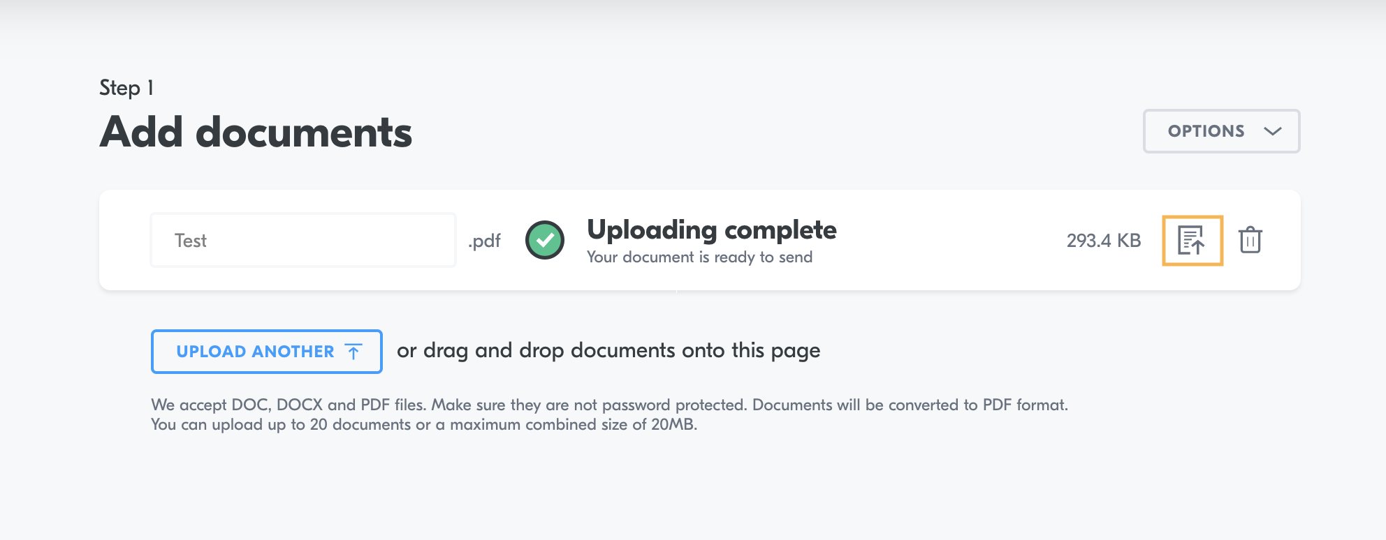 Send a document > Upload document > Replace