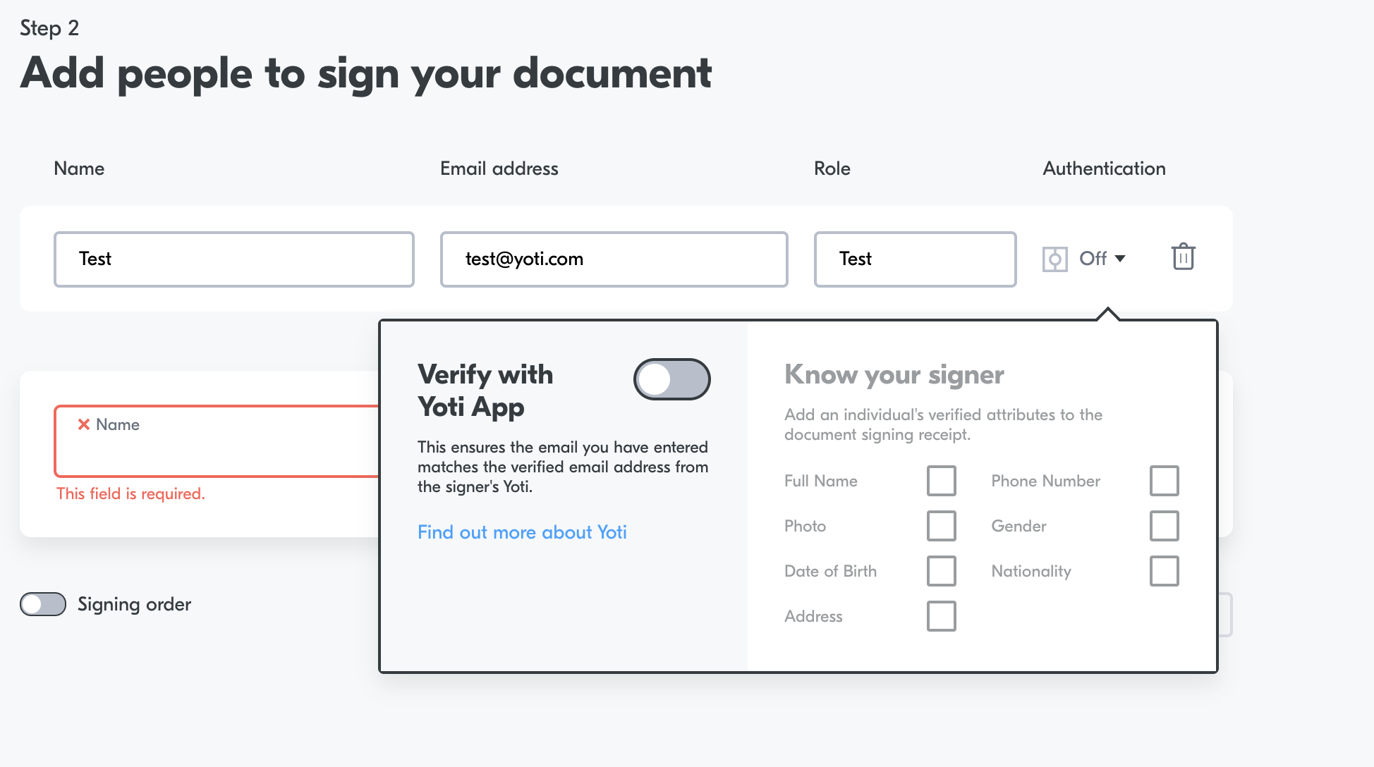 Add signers - Yoti developer documentation