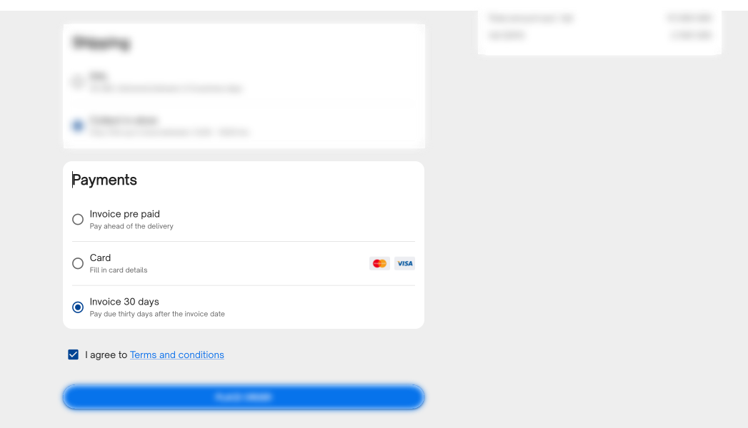Example of a Checkout where a Merchant decides to offer three payment methods for the user that was eligible for credit; Prepaid Invoice, Card Payment and Invoice (30 days). You decide what payment methods you want to offer in your solution.