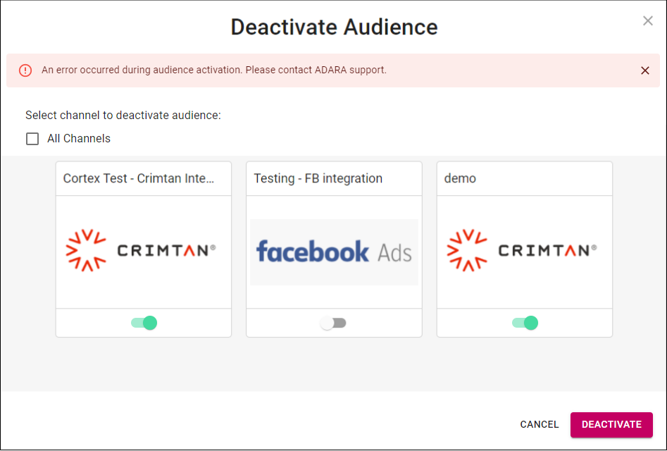 Cortex Catalog - Deactivate Audience modal view for Error during Deactivation