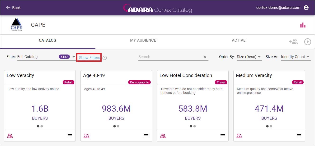 Cortex Catalog - Show Filters under the Catalog tab