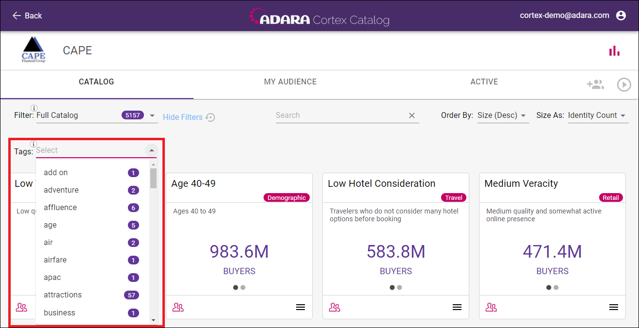 Cortex Catalog - expanded Tags under the Catalog tab;