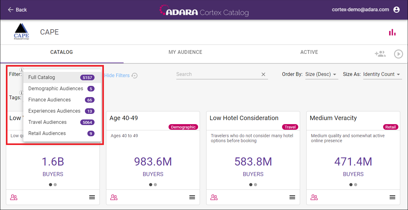 Cortex Catalog - select an audience category to filter by under the Catalog tab
