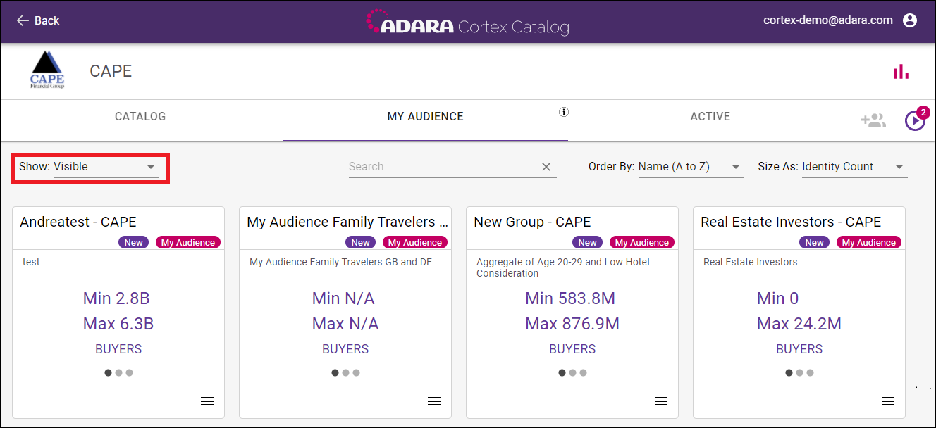 Cortex Catalog - select Show drop-down menu under the My Audience tab