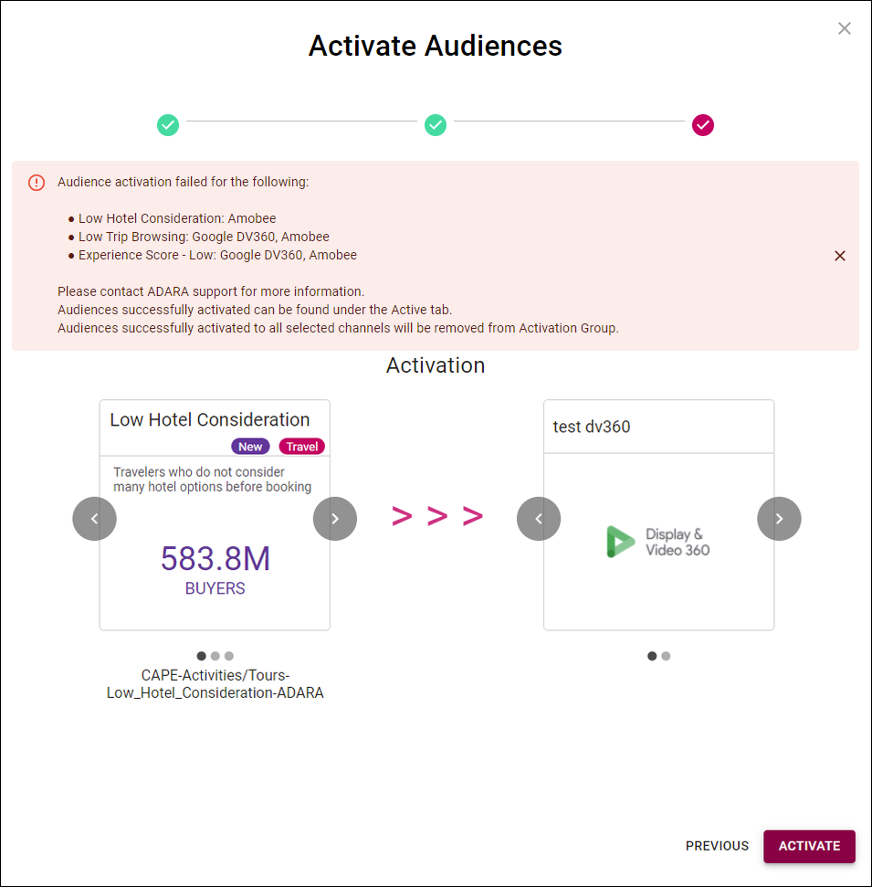 Cortex Catalog - Active Audience modal view for failure during group activation