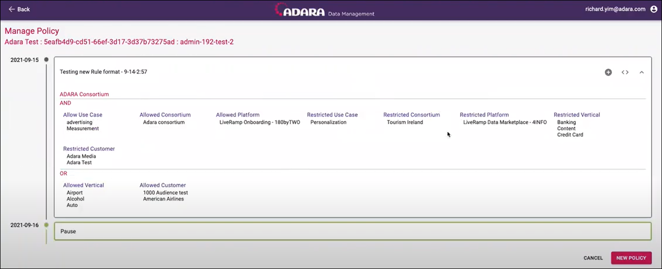 Cortex Data Management: Manage Policy View with expanded policy