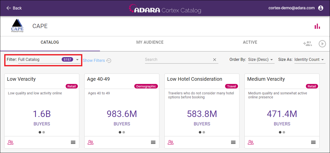 Cortex Catalog - select Filter drop-down menu under the Catalog tab