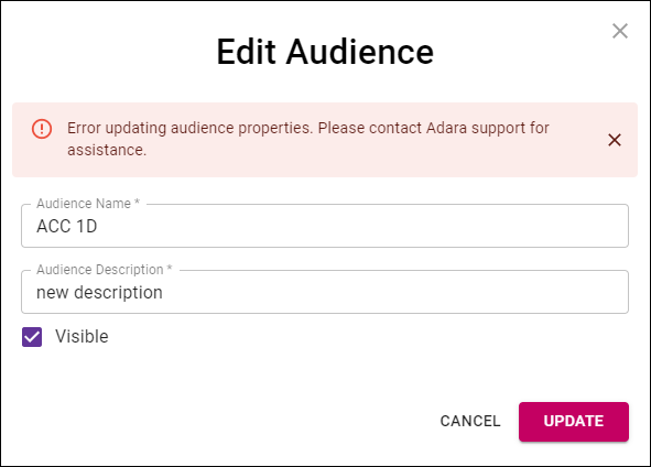 Cortex Catalog - **Edit Audience** modal view for an error during the audience properties update