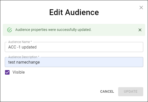 Cortex Catalog - **Edit Audience** modal view to confirm the audience properties update