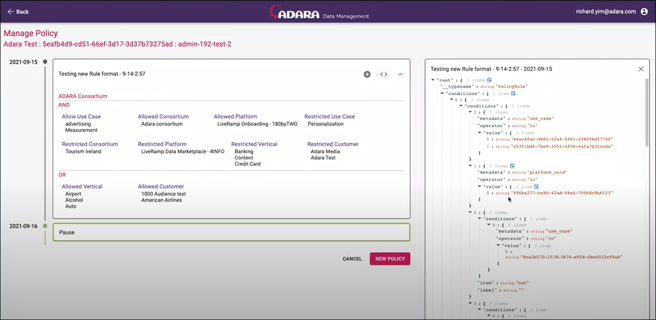 Cortex Data Management: Manage Policy View with expanded policy and JSON details