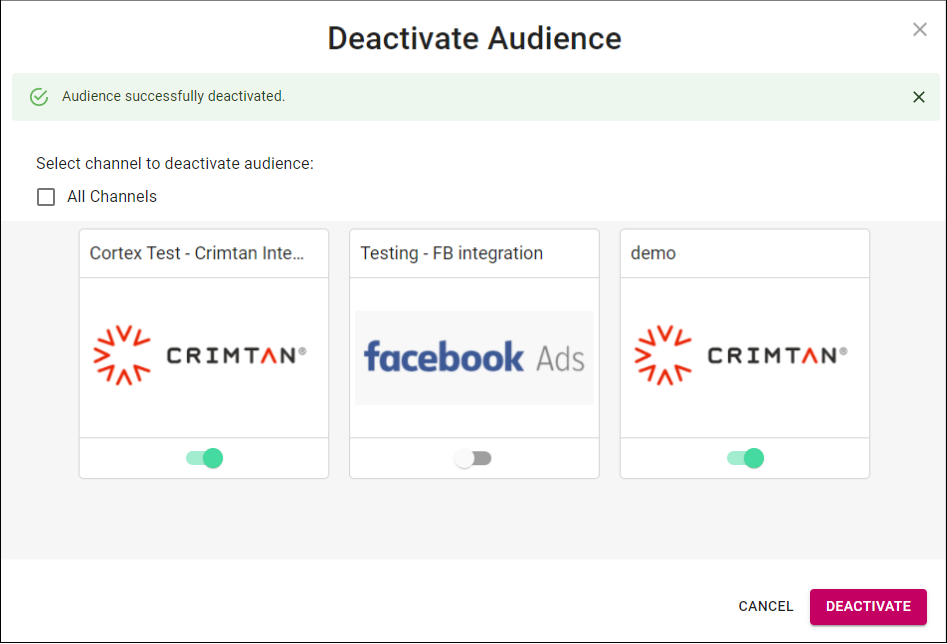 Cortex Catalog - Deactivate Audience modal view to Confirm Deactivation