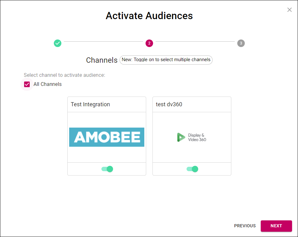 Cortex Catalog - **Activate Audiences** modal view to Select Channel (one channel toggled on)
