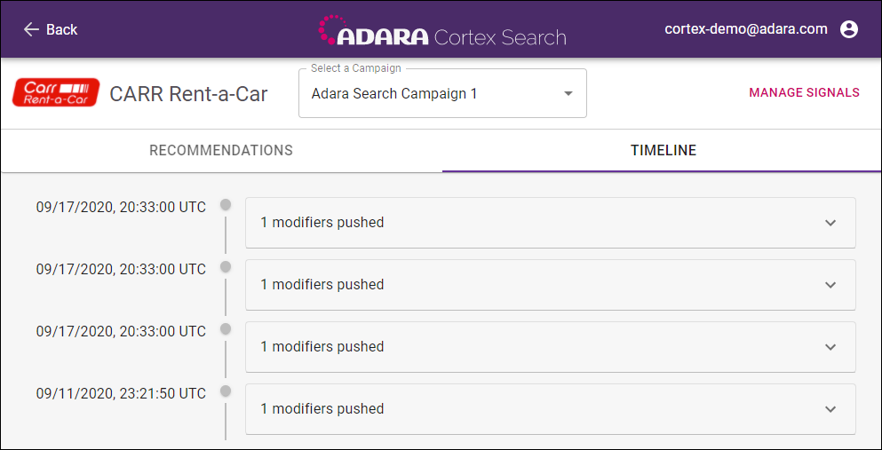 Cortex Search - **Timeline** tab in the Bid Modifier View