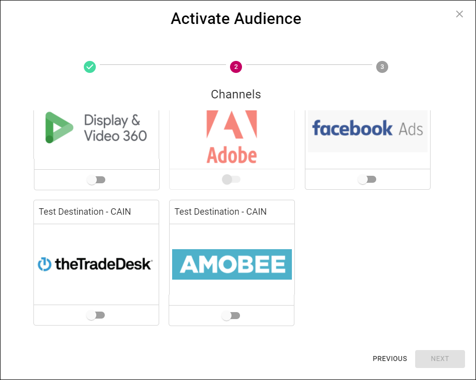 Cortex Catalog - Activate Audience modal view to Select Channel (no channels toggled on; 4 channels selectable, 1 not)