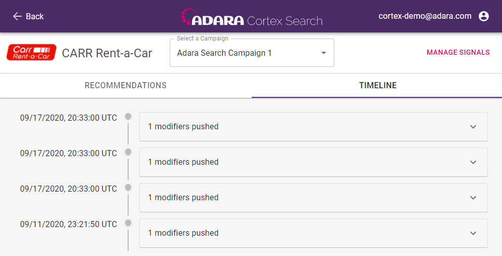 Cortex Search - **Timeline** tab in the Bid Modifier View