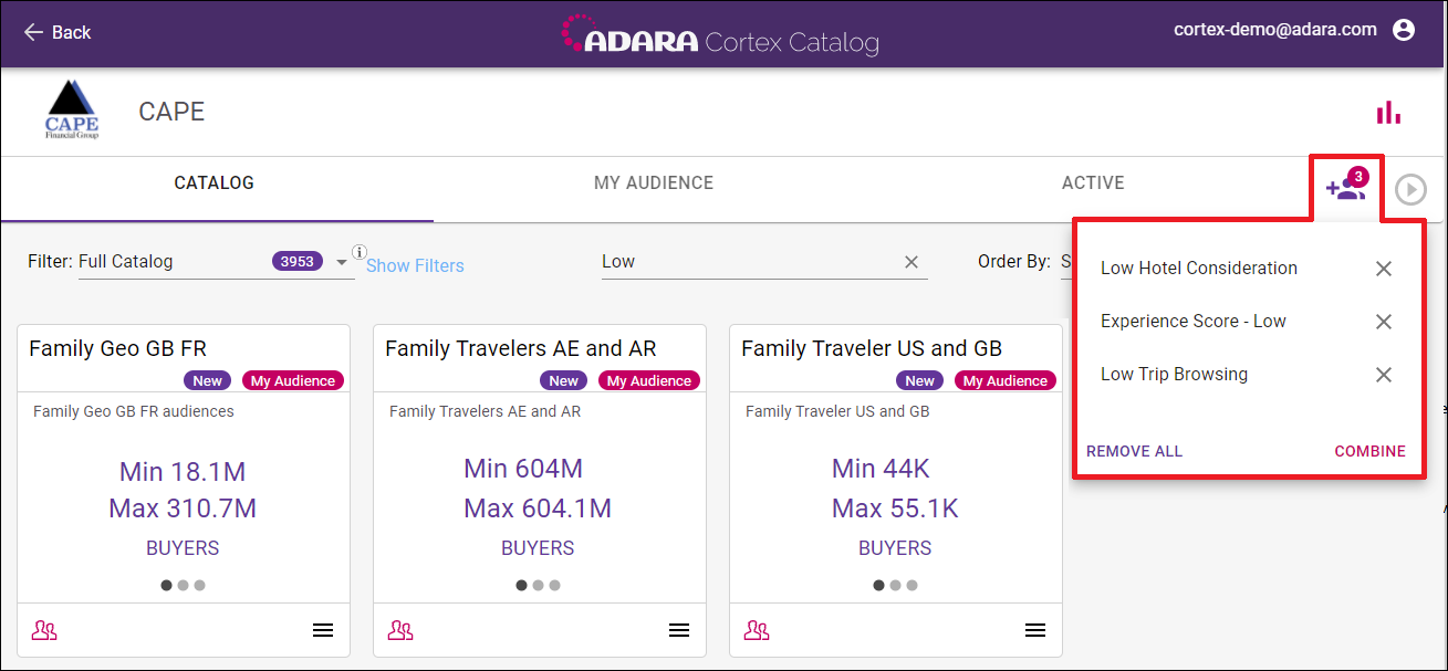 Cortex Catalog - Combine Audience Queue (three audiences selected)