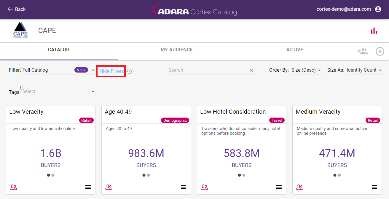 Cortex Catalog - Hide Filters under the Catalog tab