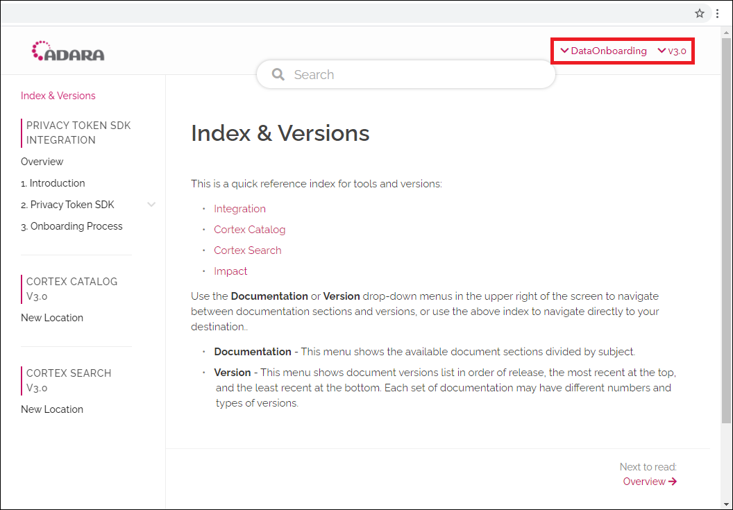 ADARA Document Portal - **Documentation** and **Version** drop-down navigation menus