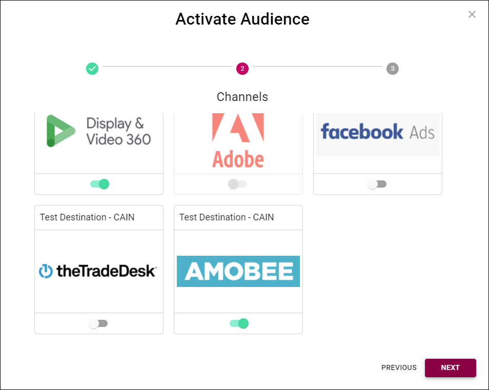 Cortex Catalog - Activate Audience modal view to Select Channel (one channel toggled on)