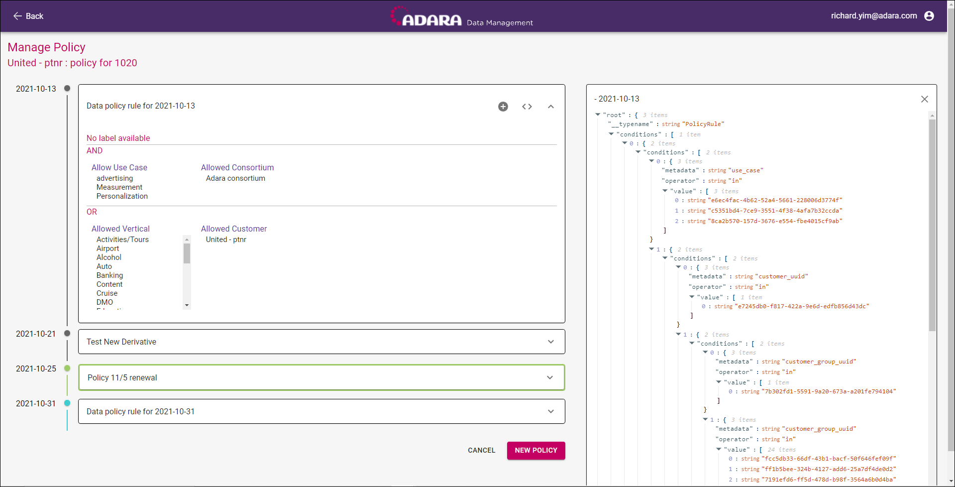 Cortex Data Management: Expanded Manage Policy View (left top) with Policy JSON view (right)
