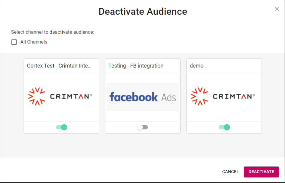 Cortex Catalog - Deactivate Audience modal view to Select Channel (two channels toggled on)