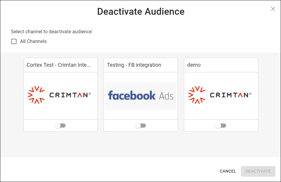 Cortex Catalog - Deactivate Audience modal view to Select Channel (no channels toggled on)