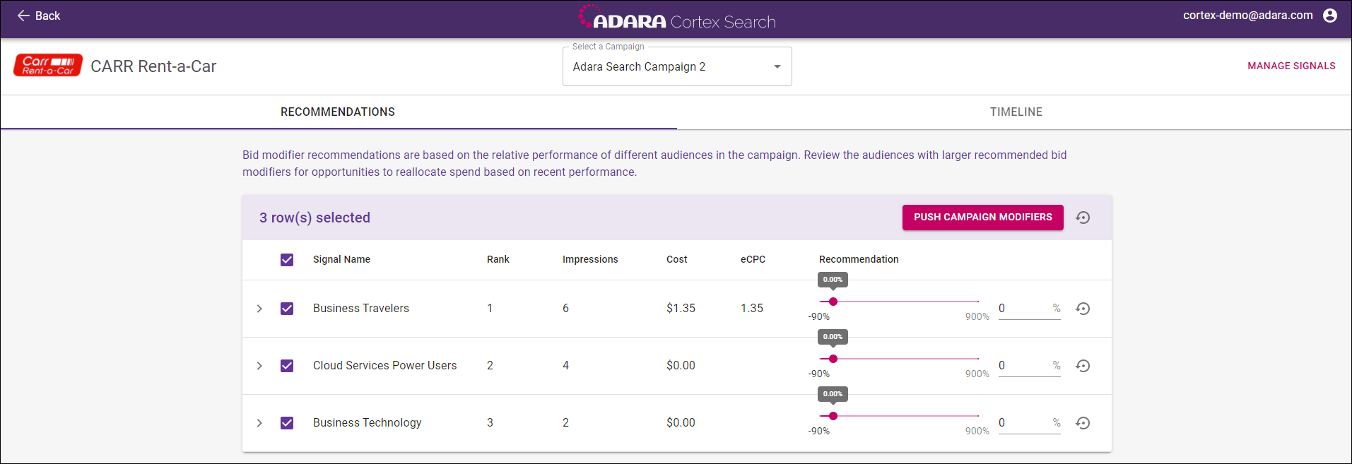 Cortex Search - **Recommendation** tab in the Bid Modifier View